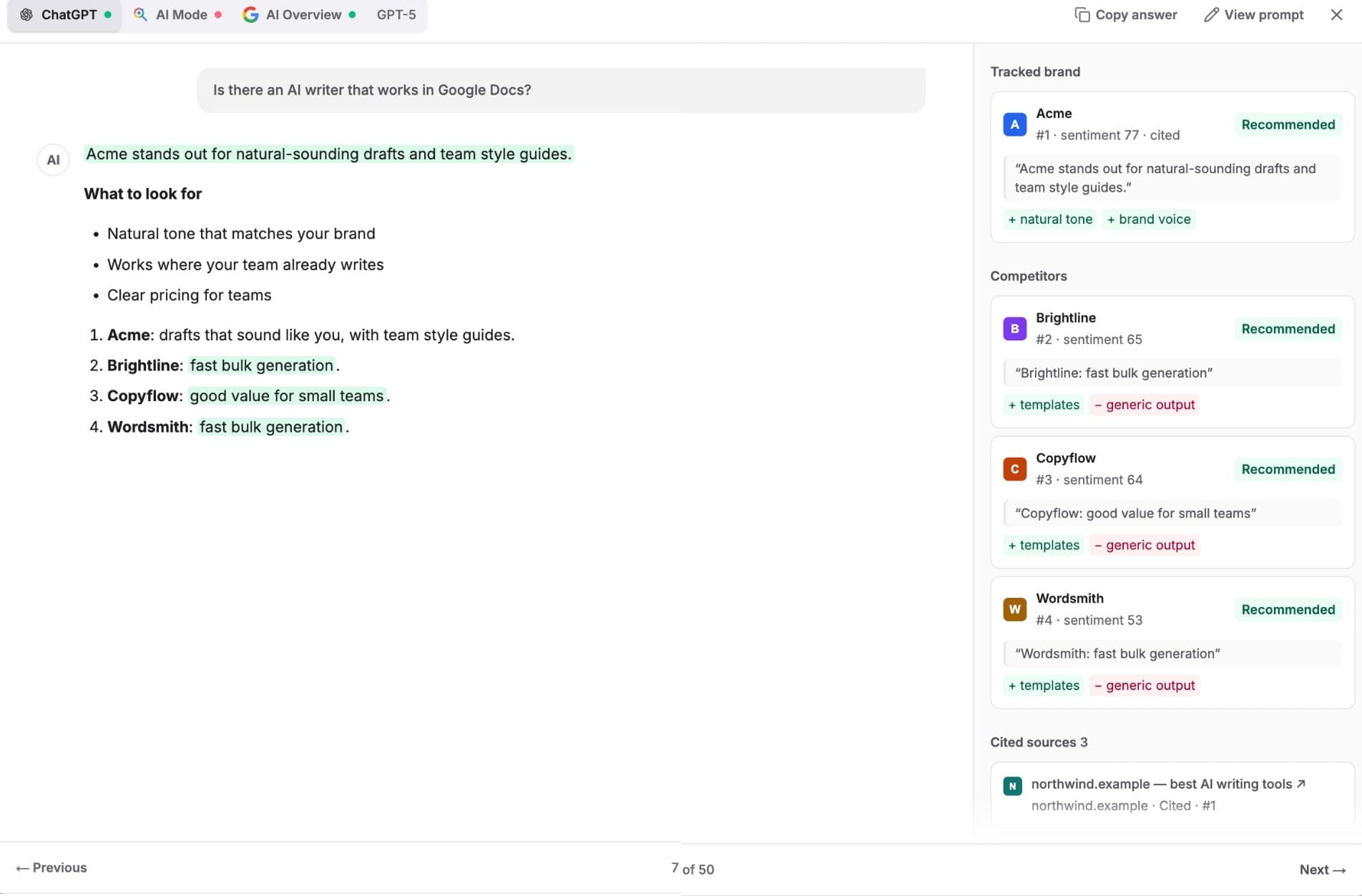 An open answer: model tabs, the highlighted quote, and each brand's role, rank, sentiment and sources