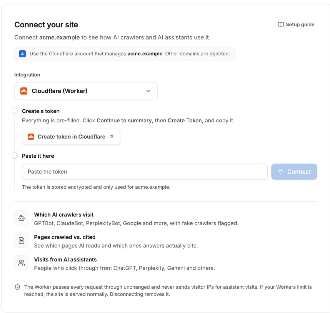 Connecting Cloudflare: create a token, paste it, connect