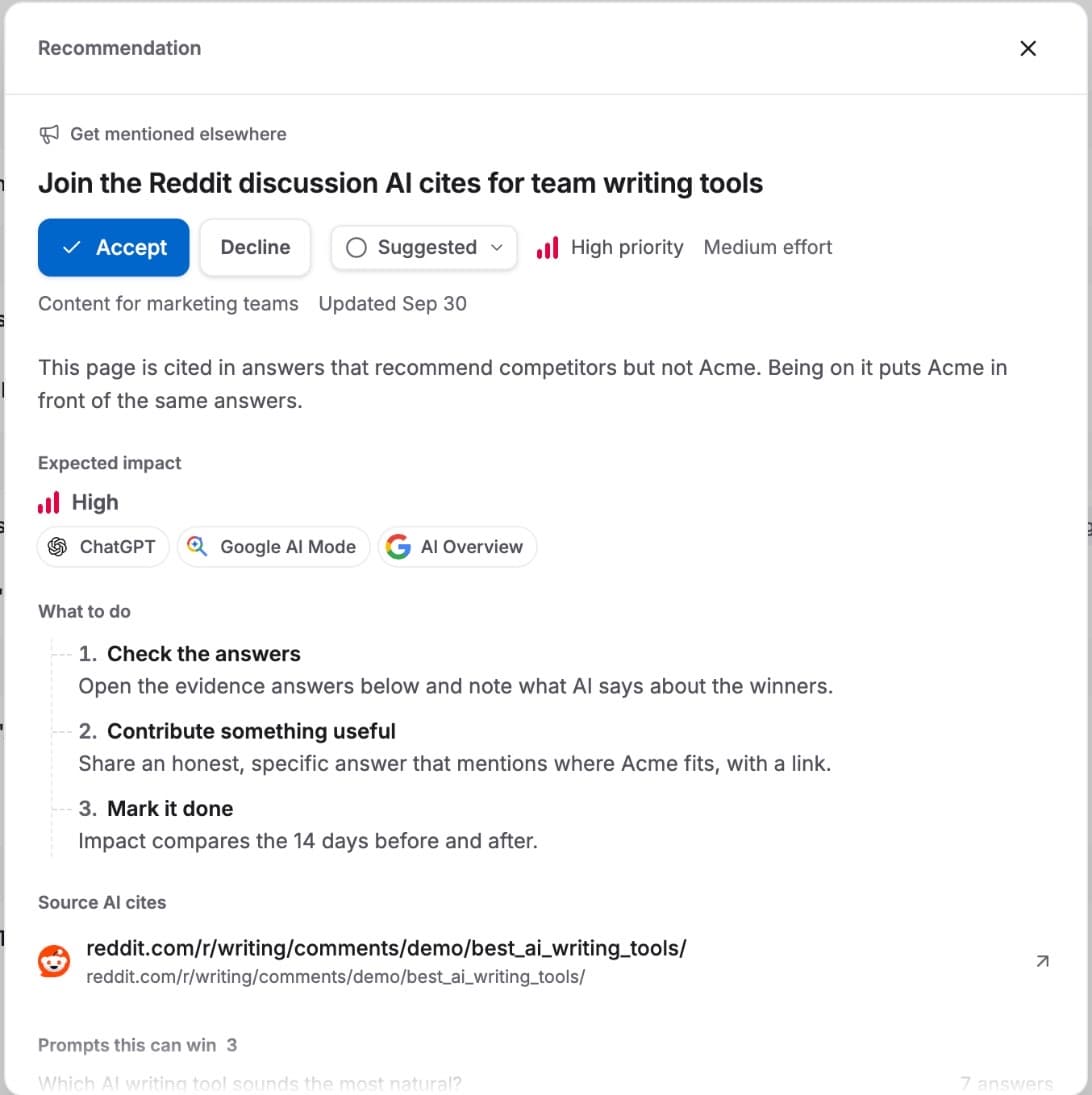 A suggested action: expected impact, what to do, the source AI cites and the prompts it can win