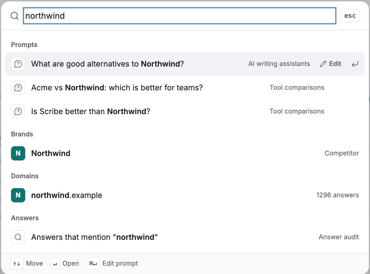 Search: quick actions, pages, matching guides and prompts