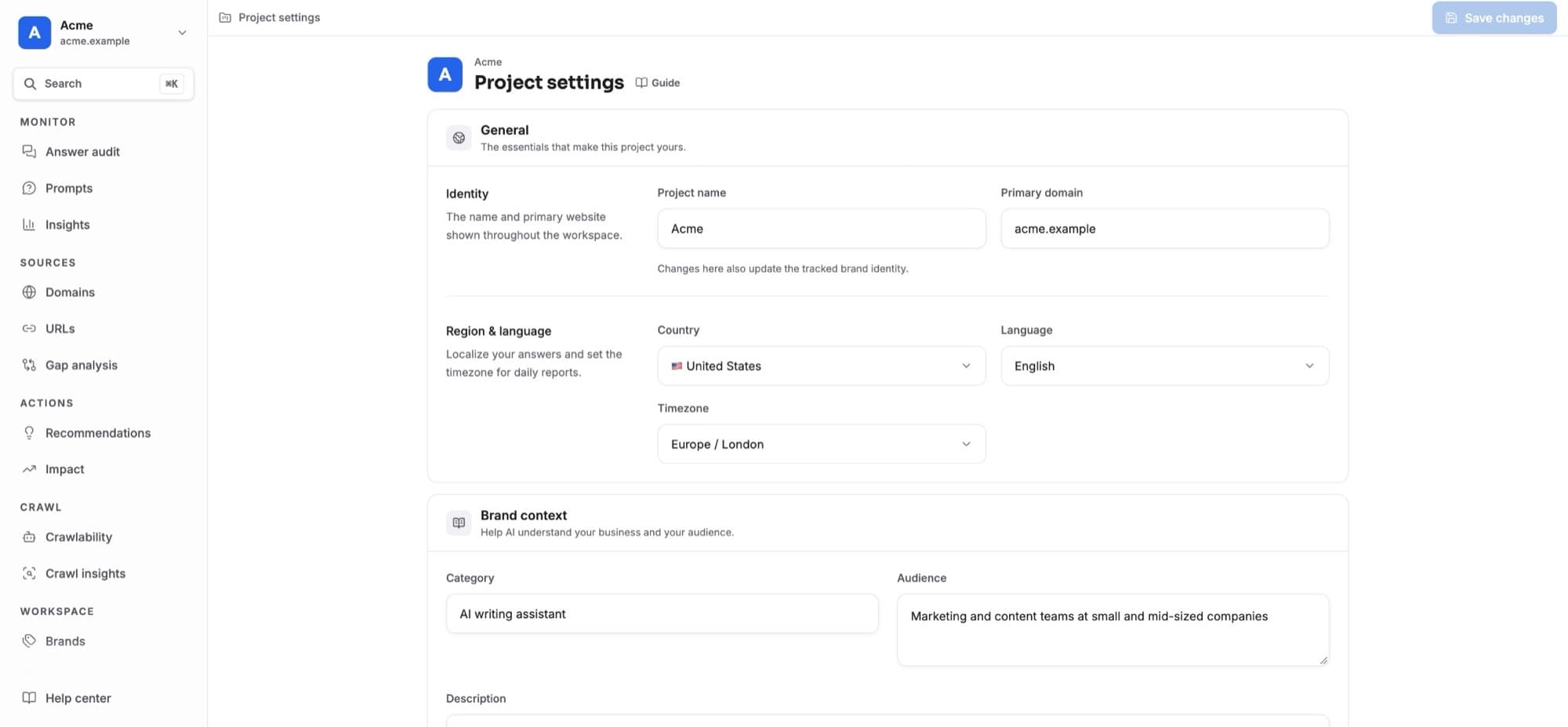 Project settings: identity, region and timezone, and brand context